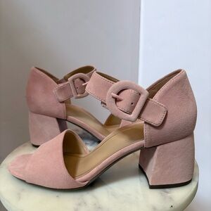 Vionic Pink Suede Block Heel Sandals